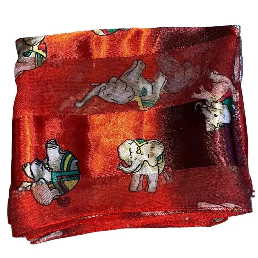 Red Sheer Elephant Print Scarf Lightweight Novelty‎ Statement Neck Wrap